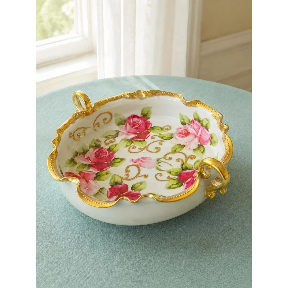 Antique Nippon Hand Painted Rose Porcelain Bowl Gold Trim c.1890s